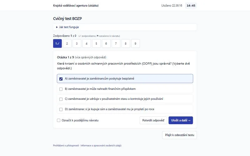 Test očima zkoušeného: časomíra, stav uložení, přehled otázek s označením zodpovězených, otázka s více správnými odpověďmi a tlačítka pro uložení a označení k návratu.