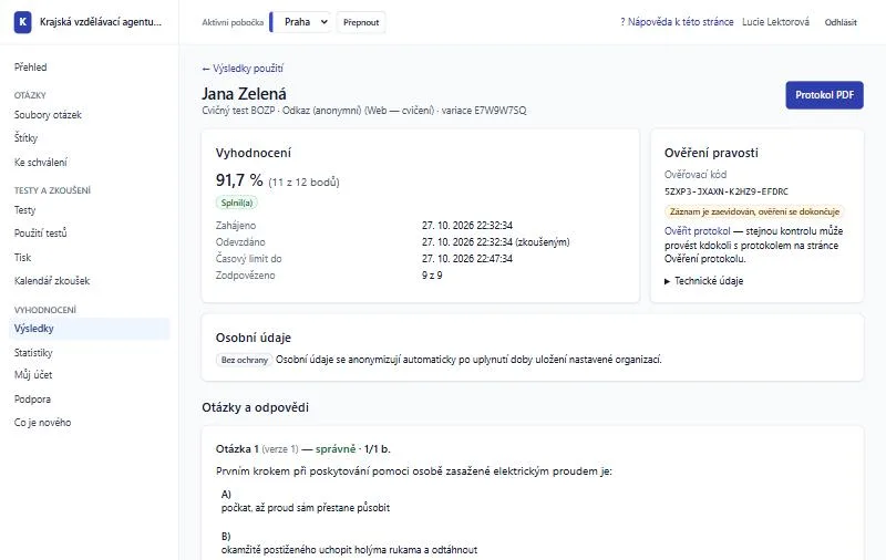 Detail výsledku pokusu: 91,7 % a splněno, časy zahájení a odevzdání, ověřovací kód protokolu s odkazem na ověření pravosti a tlačítko Protokol PDF.